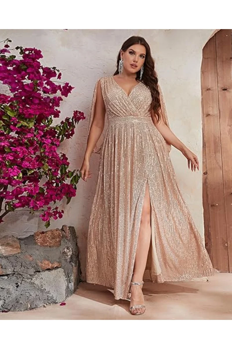 

Блестящие женские платья для выпускного вечера размера плюс с расклешенными рукавами и V-образным вырезом с боковым разрезом и пайетками Вечернее свадебное платье для мамы