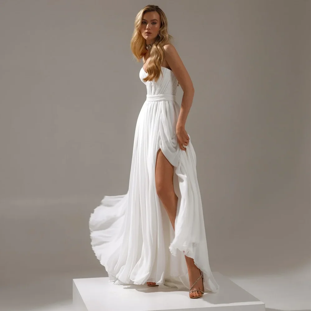 

Strapless Wedding Dresses Sweetheart Neck Bridal Growns Sashes Zipper Slit Evening Dresses Chiffon Customized свадебное платье