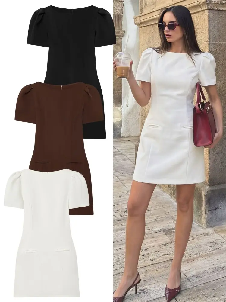 HH Damen Elegante Kurzarm-Minikleider 2026 Frühling Sommer Schlichtes Schlankes High-Street-Kleid Weibliche Mode Party Abendkleid