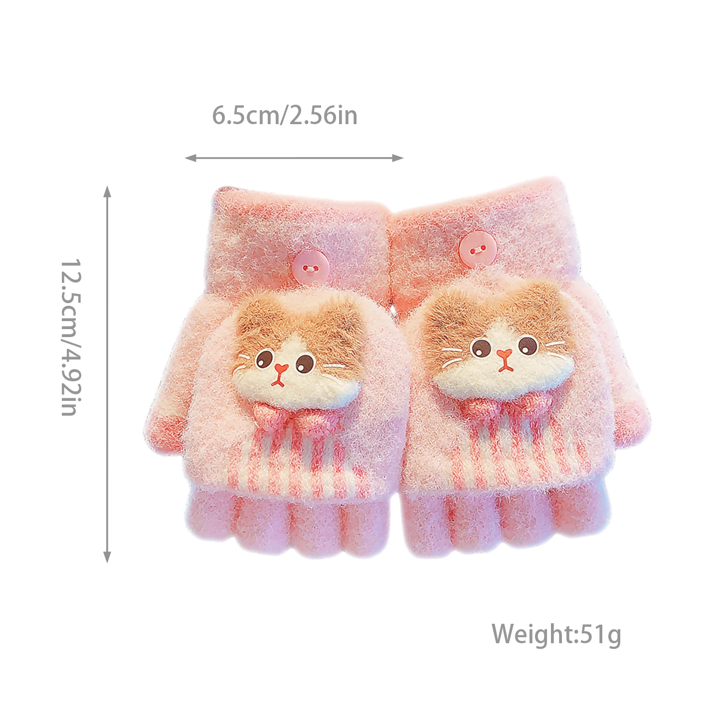 Koreanische niedliche Kinder-Plüsch-Handschuhe mit Cartoon-Katzenmuster und Schleife, 6-12 Jahre, warme Winter-Wickelhandschuhe mit halben Fingern zum Schreiben – Detail 3