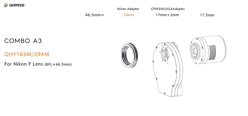 QHYCCD Adapter Kit A3 10mm M54 Nikon F Lens for QHY163/294 CFW3M