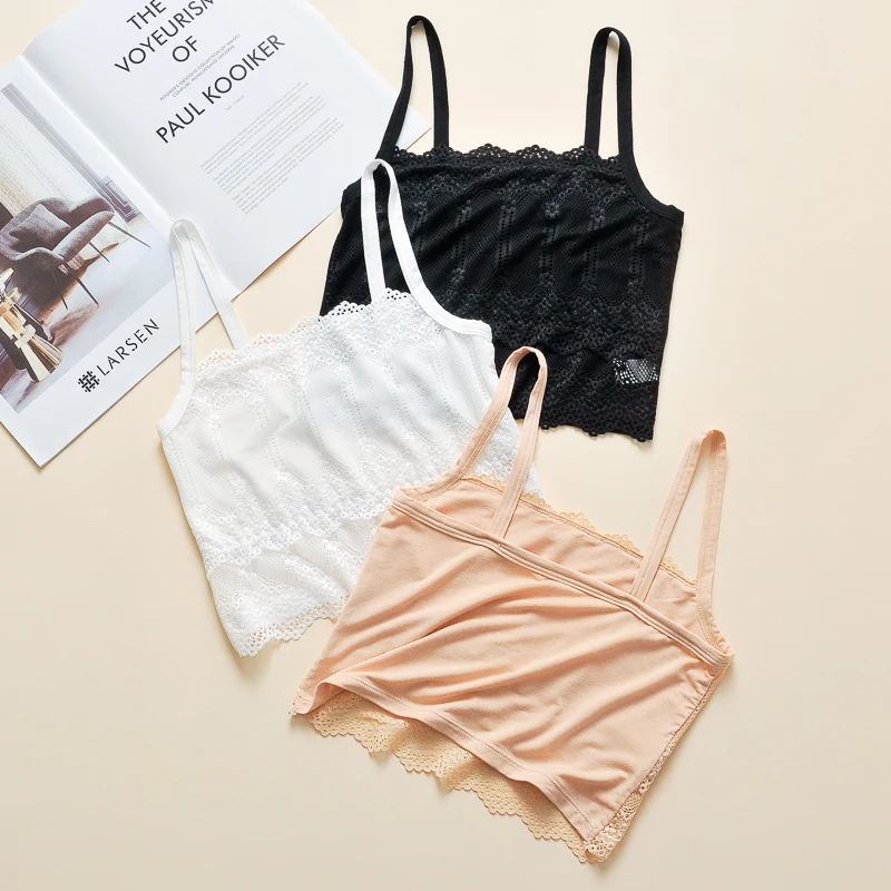 Renda branca strapl colheita superior roupa interior usar camada base anti-luz envoltório peito brtte adolescente estudante do ensino médio