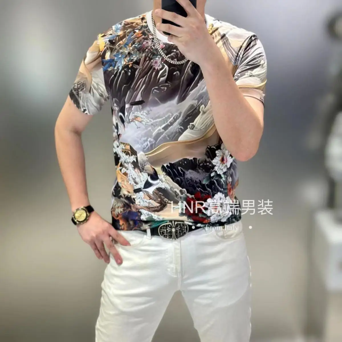 Summer Trendy Thin Short-sleeved Men's T-shirt Fashionable Round Neck Printed Light Luxury Youth Trendy Men's T-shirt