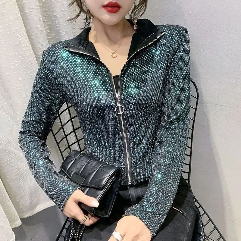 Shiny Sequins Cropped Jacket Coat Zipper Sweatshirt Women Spring Autumn New Design Cardigan Slim Shirt Long-sleeved Top Coats
