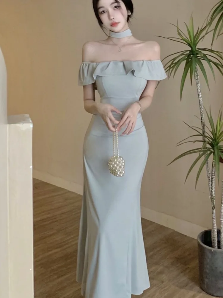 

Sexy Solid Off Shoulder Mermaid Dresses Summer Slim Waist Vestidos Mujer Elegant Ruffles Slash Neck Bodycon Evening Party Dress