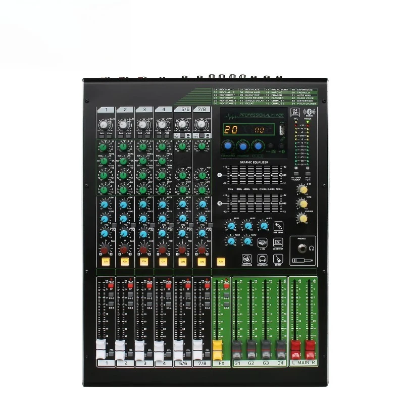 GAX-MQ82 Audio Console DJ Controller Mixer with 24 Built in Reverb Effect MP3 Input 8 Channel for Live Sound Studio Use