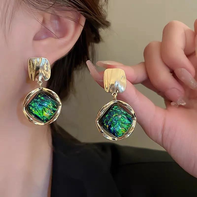 925 Silver Needle Korean Vintage Green Drop Earrings For Women Jewelry 2026 Trending New Fashion Women's Geometric Earrings Gift