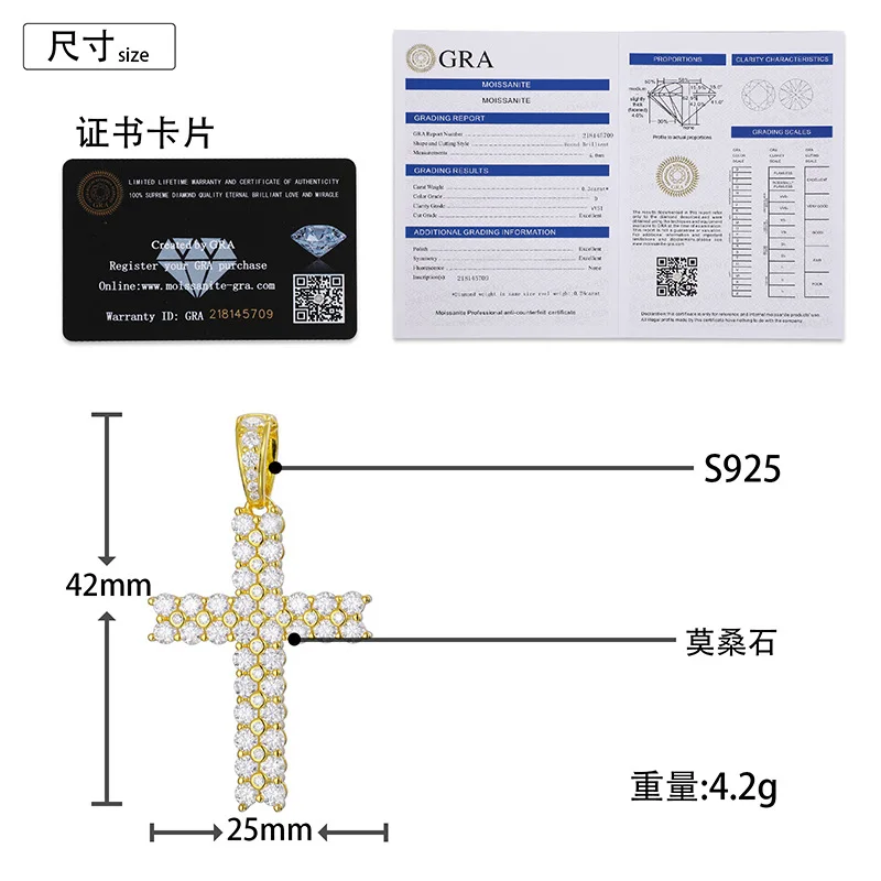 S925 Sterling Silver Moissanite Claw Bling Ice Out Cross Pendants Necklaces for Men Rapper Jewelry Gift