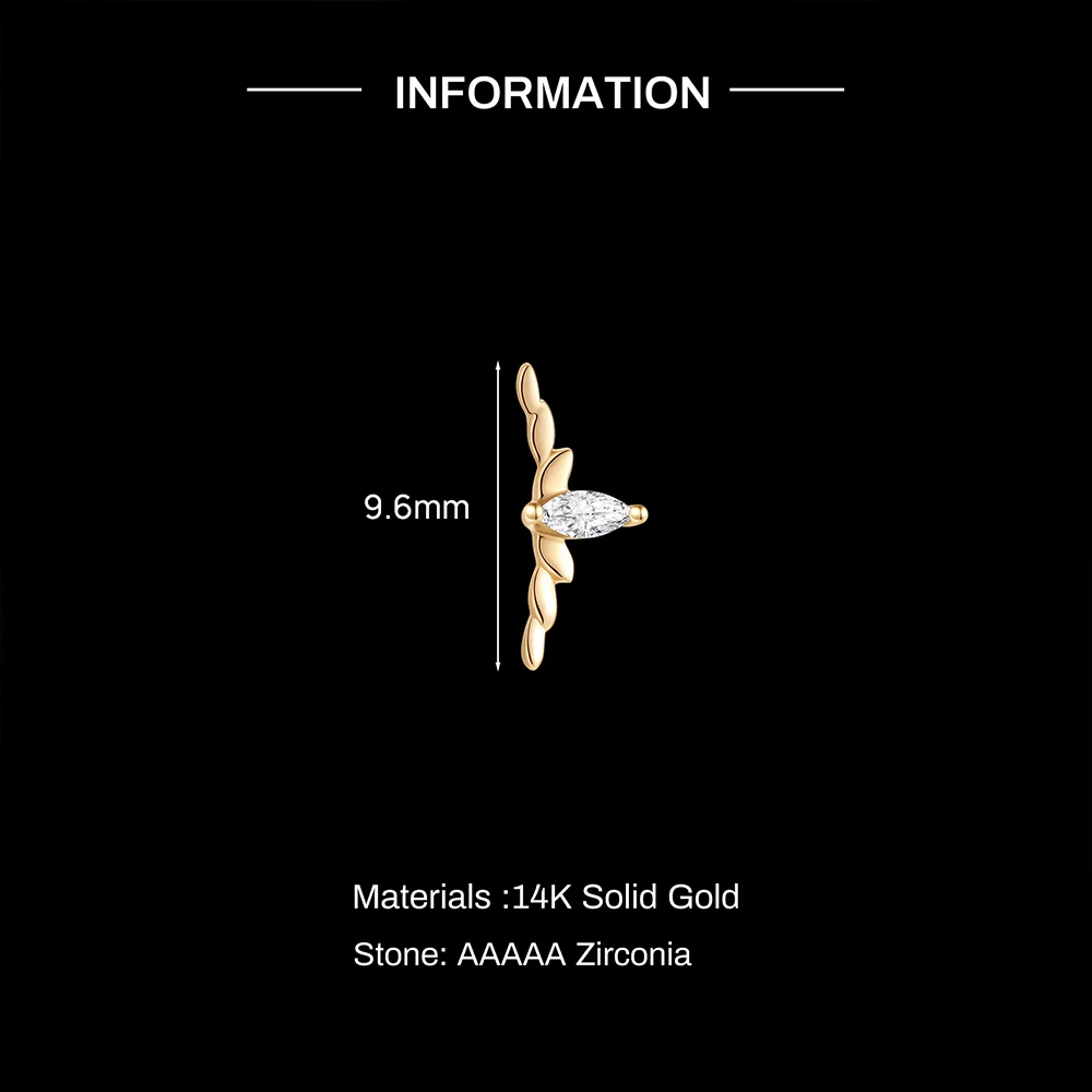 Aide 100% 14K Real Gold Leaf Zircon Piercing Stud Earrings Dainty Cartilage Earring for Women Unique Ear Stacking Fine Jewelry
