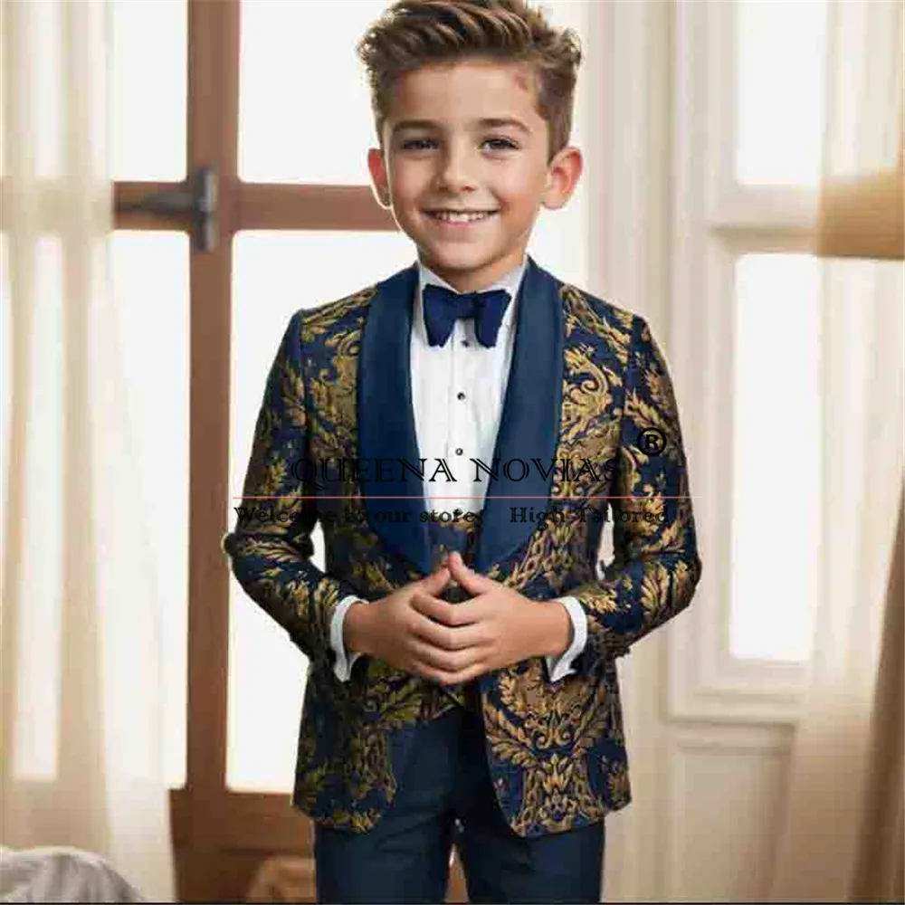 Luxury Navy Floral Boy's Suits For Wedding Satin Shawl Lapel Jacquard Jacket Vest Pants 3 Pieces Children Birthday Party Tuxedos