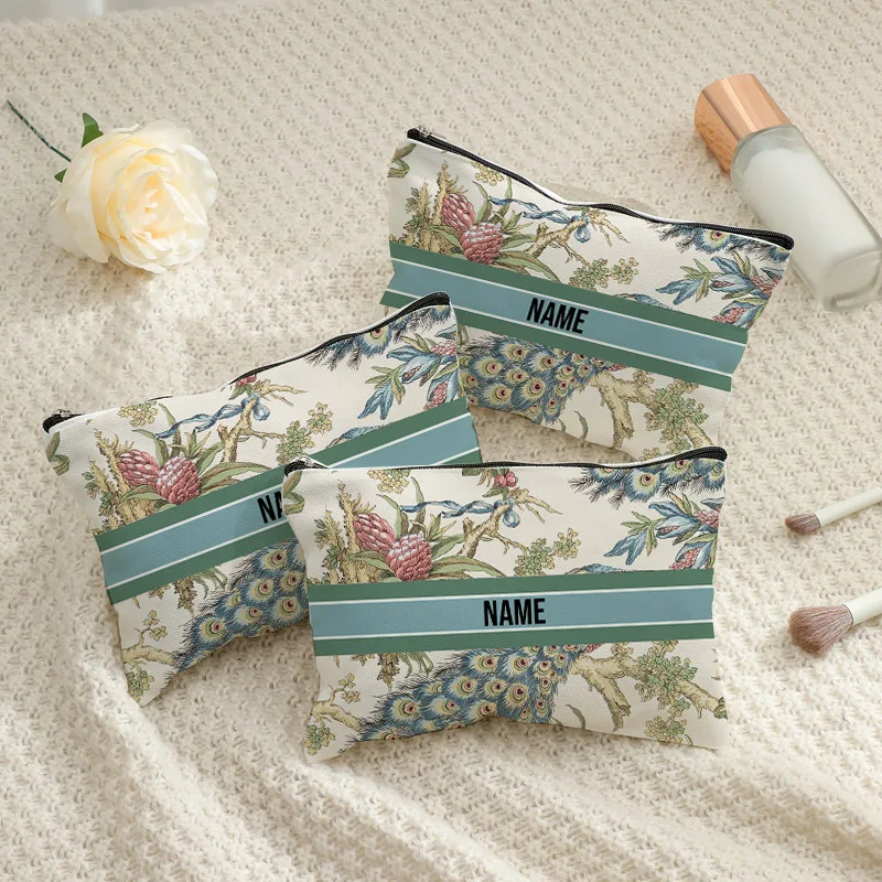 

Customized French Toile De Jouy with Peacock Retro Pattern Makeup Cosmetic Bag Personalized Wedding Purse Bridesmaid Gifts Pouch