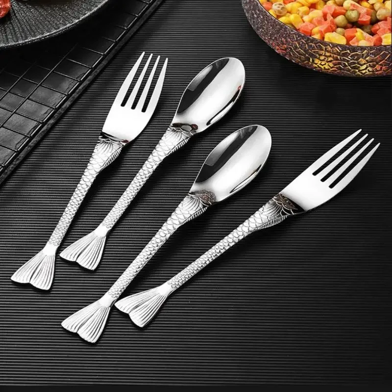 2 Pcs Stainless Steel Creative Fish Tail Dining Spoon Fork Eating Spoon Face Children'S Fork Dessert Fruit Fork Dinnerware Set