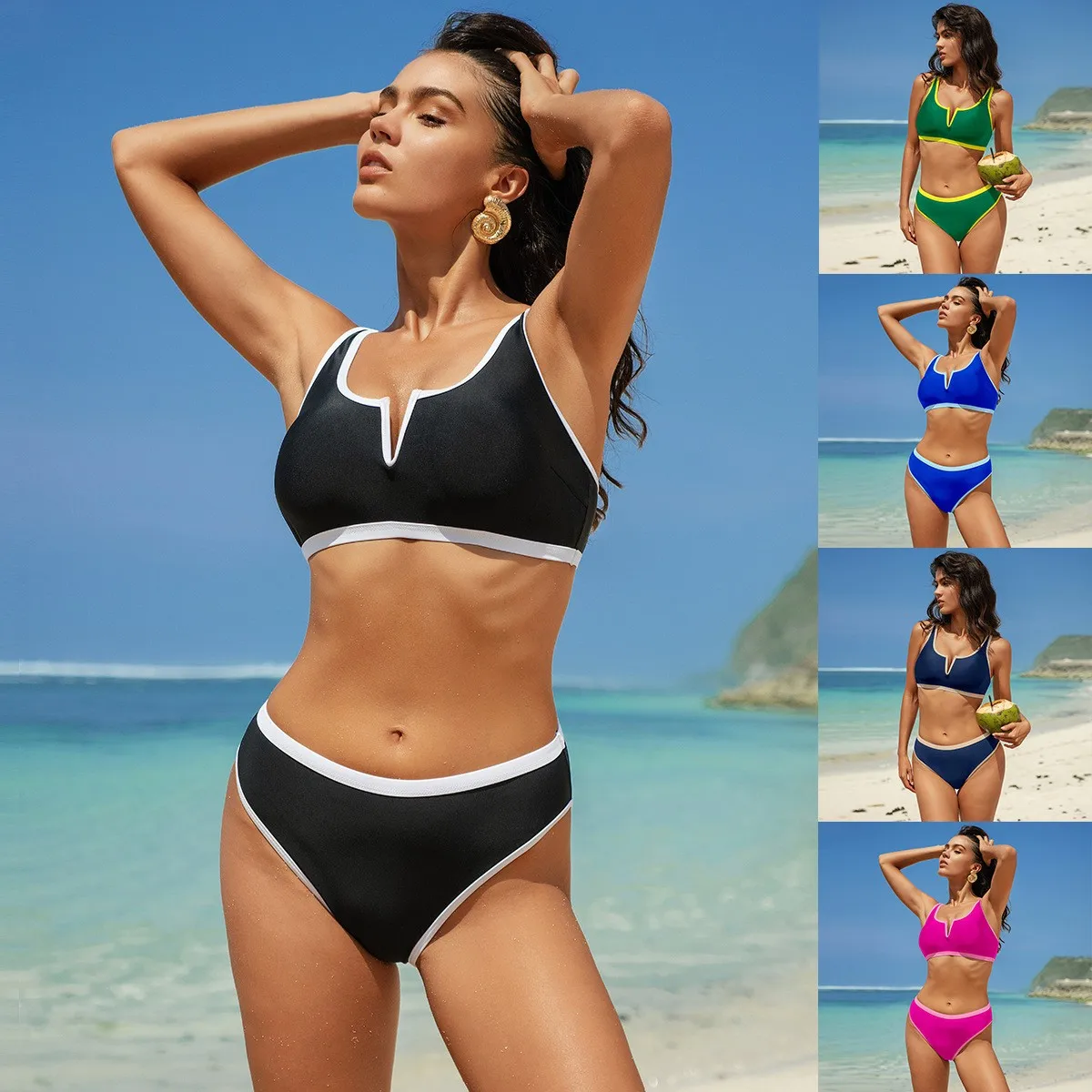 

Swimwear Woman Bikini V Neck Top High Waisted Bottoms Bikinis Solid Color Swimsuit Cropped Top Two Piece Swimsuit Women's