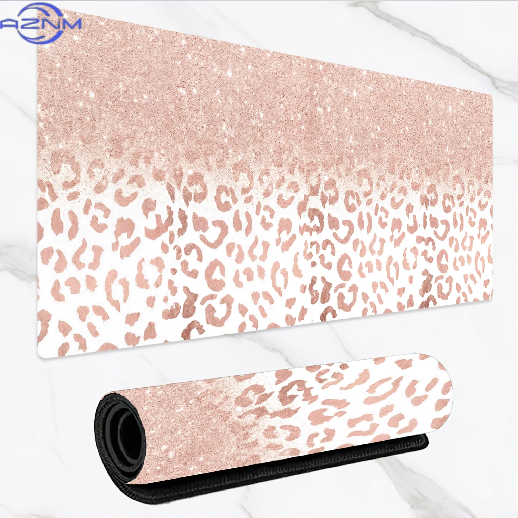 Large Gaming Mouse Pad - Pink Leopard Print Gradient Design, Anti-slip Rubber Base, Smooth Polyester Surface, Keyboard and Mouse