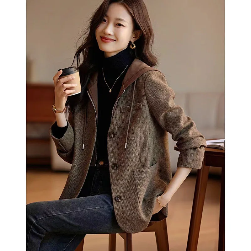 Autumn Winter 2024 New Korean Fashion Woolen Coat Women Fake two pieces Temperament Hoodie Casual Wool Overcoat Ladies Outwear