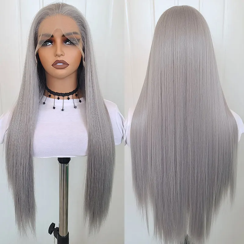 Silver Grey Straight Hair Wig Synthetic 13x4 Lace Front Wigs High Quality Heat Resistant Fiber Hair For Fashion Women Cosplay