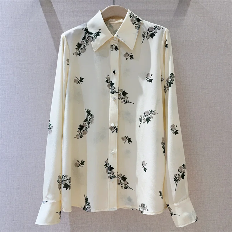 

Women's shirt New autumn 2025 single breasted slim fit lapel long sleeved top 100% silk printing Women's blouse casual Women top