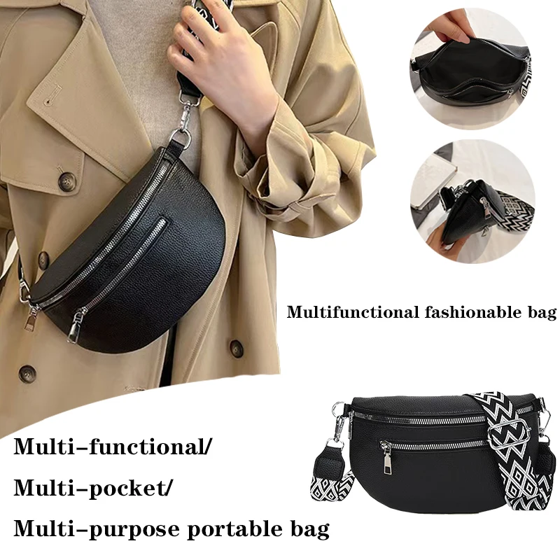 

Casual Multi-Pocket Crossbody - Fashionable Wide Strap Waist Bag, Lightweight Fanny Pack for Women & Daily Use