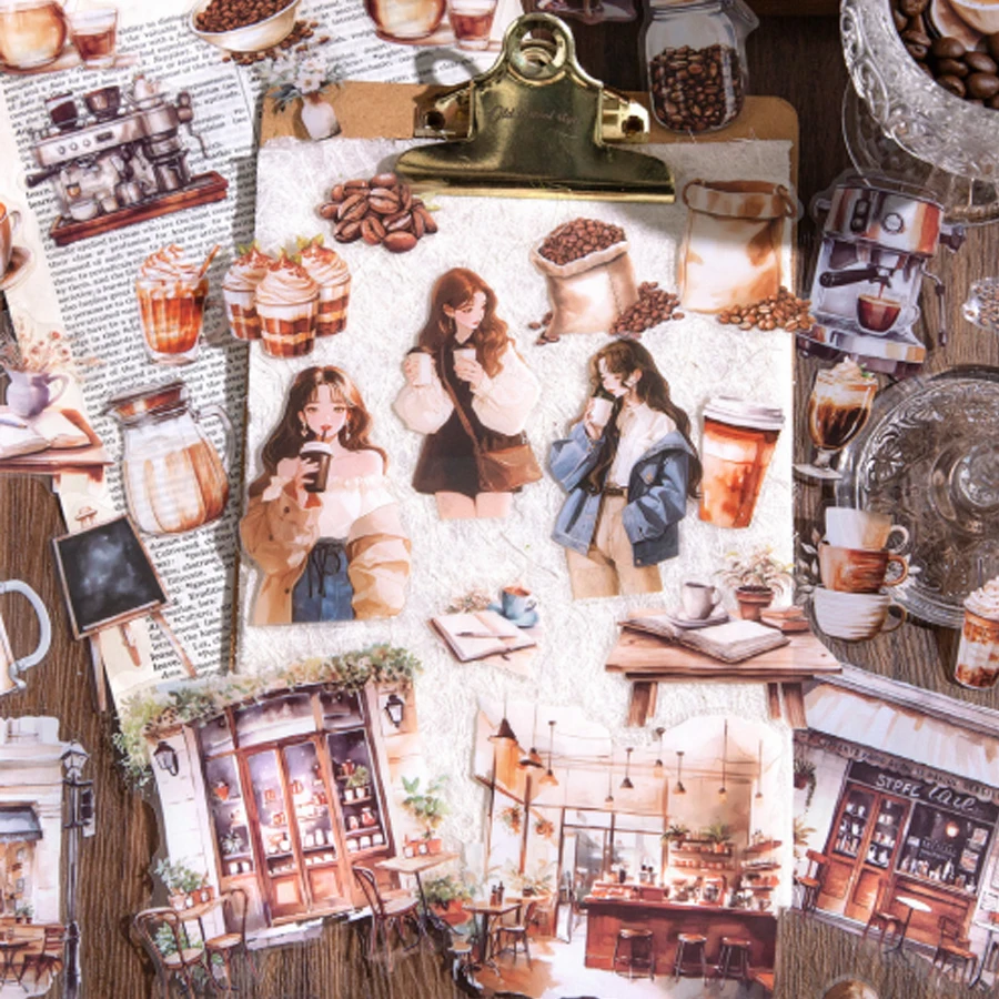 Mr papel, 6 estilos de passeio café casa série material pet adesivo pacote capa de telefone decoração adesivos vintage