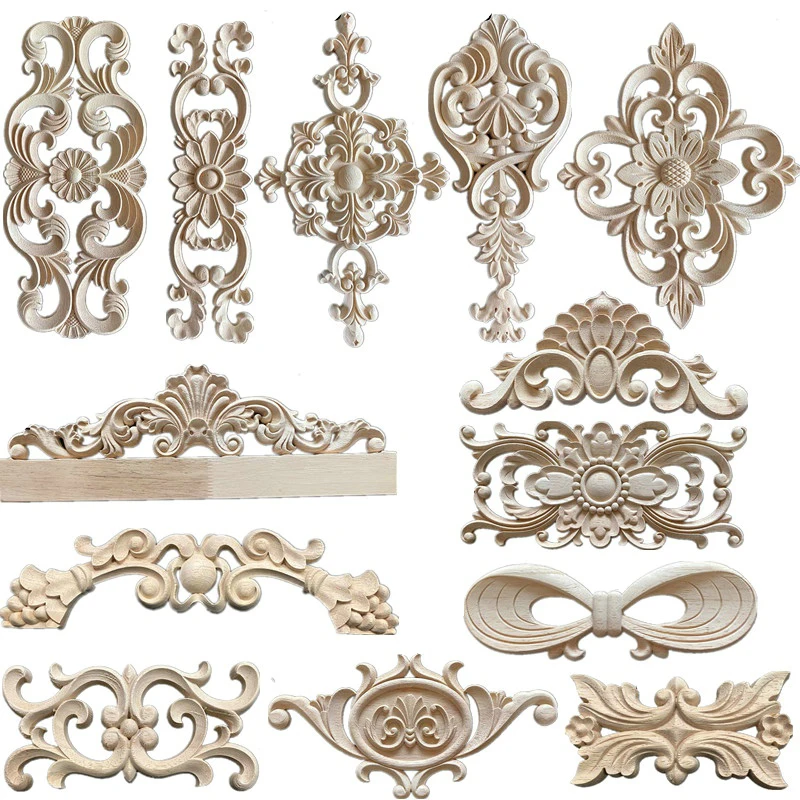 Unique Natural Floral Wood Carved Wooden Figurines Crafts Corner Appliques Frame Wall Door Furniture Woodcarving Decorative