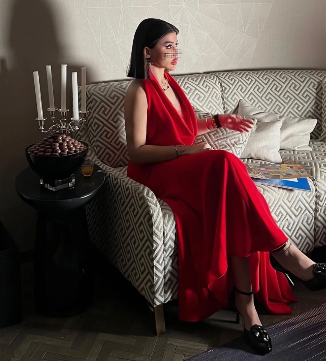 

Sexy Long Red Cowl Neck Evening Dresses Sheath Crepe Floor Length فساتين سهرة Backless Prom Dress Abendkleid for Women