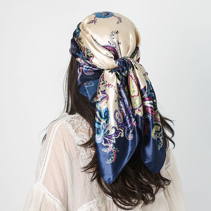 Luxus Marke Platz Silk Schal Frauen Schal 90*90cm Cashew Druck Kopftuch Femme Kopf Schal Foulard Satin Bandana hijab Schals – Detail 12
