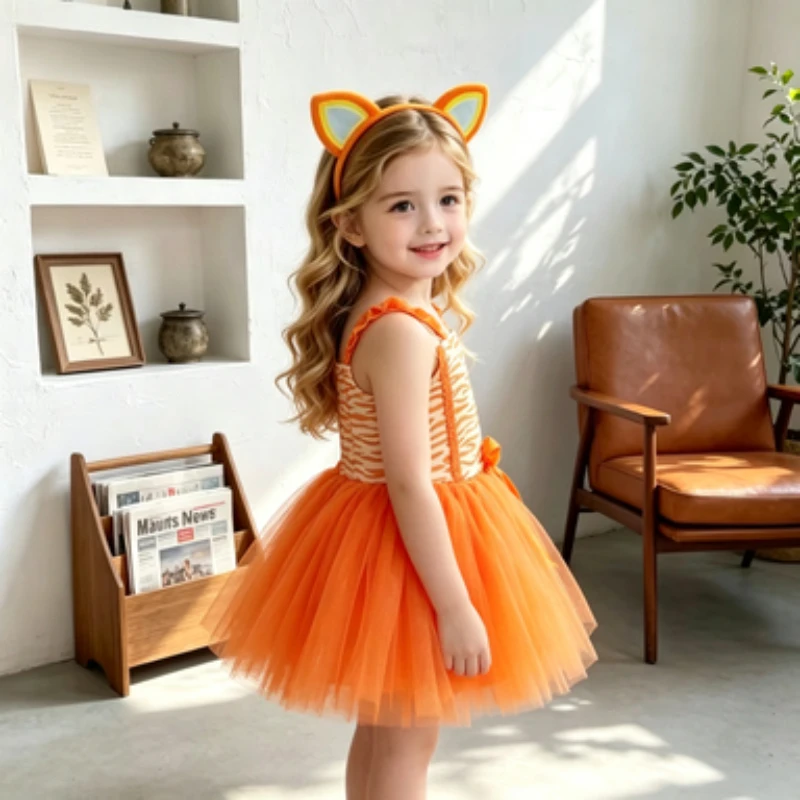

Kids Cartoon Orange Cat Fluffy Dress, Animal Pattern Mesh Princess Dress, Performance Outfit for Children's Day & Birthday Party