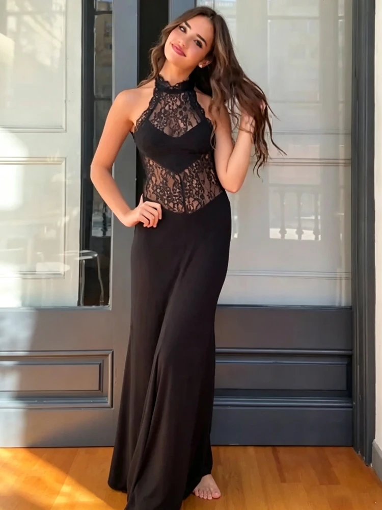 Women's Halter Maxi Dress With Lace Black Mesh Sheer Sleeveless Slimming Dress For Women Elegant Party Dress Female Evening Gown