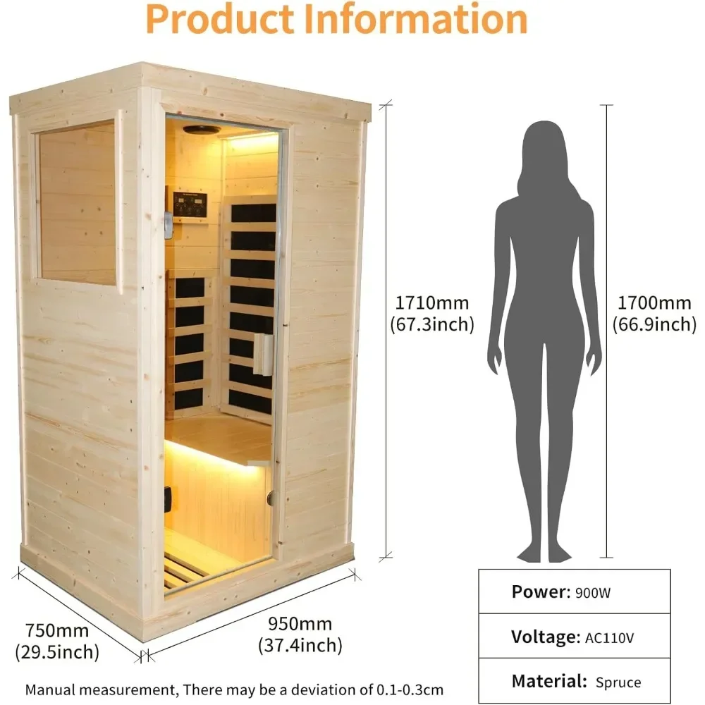 Far Infrared Wooden Sauna Room Home Sauna Spa Dry Saunas Single Person Spa Finland Spruce Wood Fit for 7ft Person