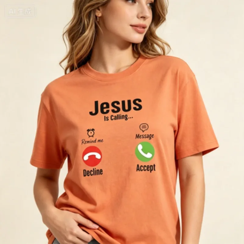 Religious Inspirational Women Cotton T Shirt Jesus Is Calling Phone Interface Graphic Faith Believer  Casual Crew Neck Tops