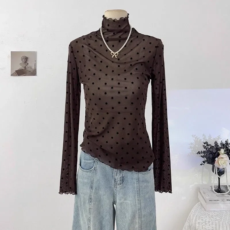 قميص أسود شبكي بياقة مدورة 2025 قميص نسائي جديد للخريف نحيف منقط داخلي بأكمام طويلة تي شيرت رفيع #2