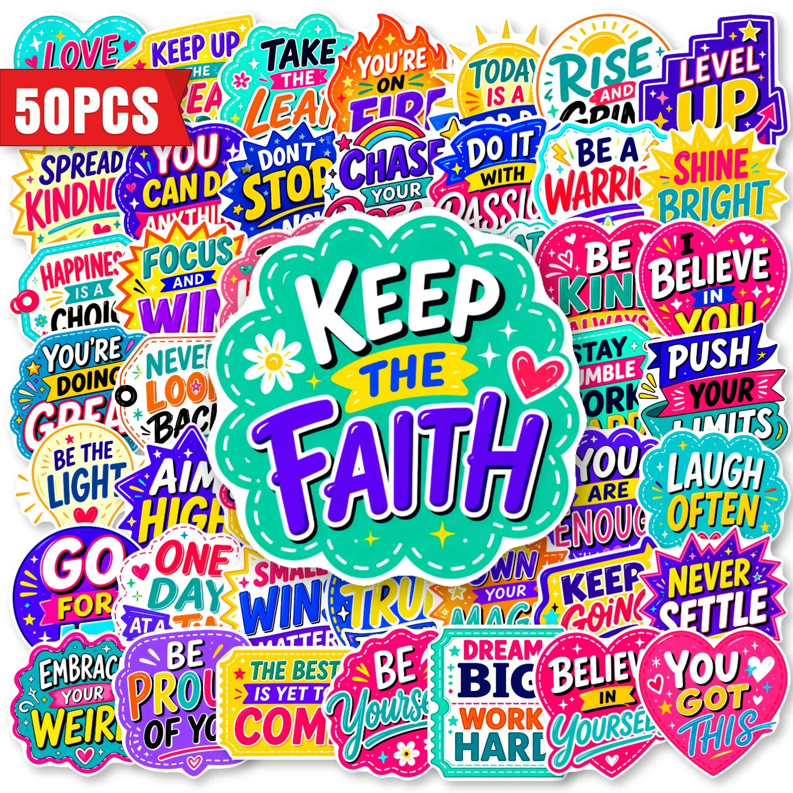 50 PCS Colorful Cartoon Inspirational Phrase Stickers Pack Decorate Luggage Scrapbook Skateboard Removable Student Decals