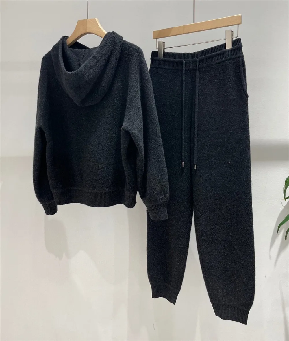 L*P Cashmere Wool Knitted Suit Women\'s Hooded Pullover Sweater+ Elastic Waist Casual Pants Two-piece Set  Autumn and Winter