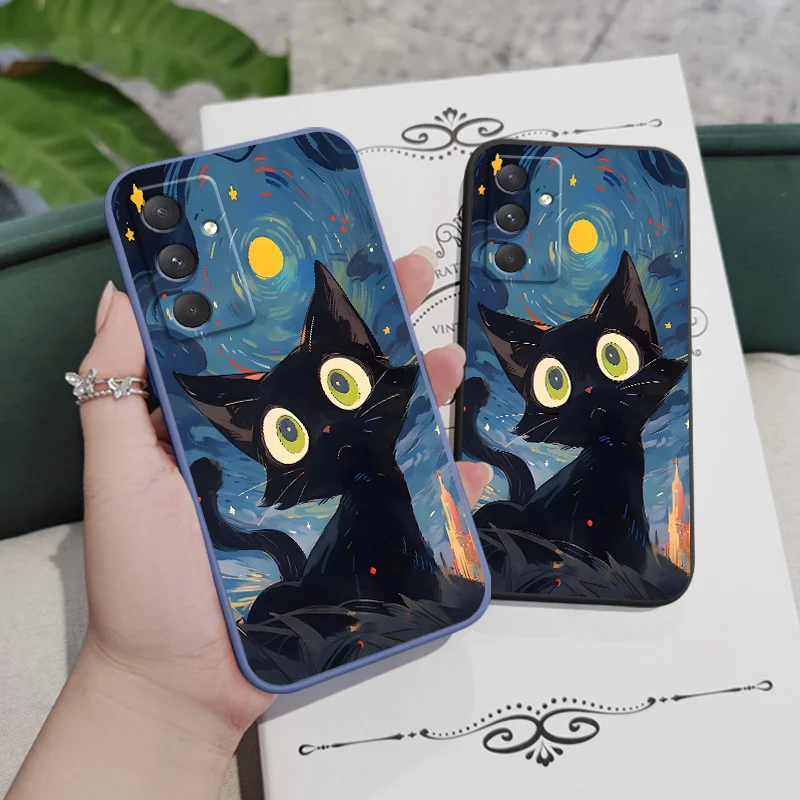 Sarung ponsel kucing hitam berbintang, untuk Samsung Galaxy A55 A35 A25 A15 A16 A06 A05 A05S A54 A34 A24 A14 A04 A04S A04E 4G 5G