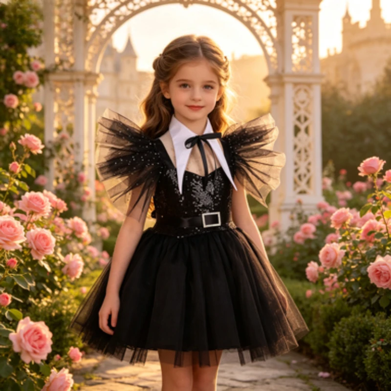 Black Halloween Dress for Little Girls, Outfit for Festival Stage Performances and Parties, Kids' Black Tulle Festival Party