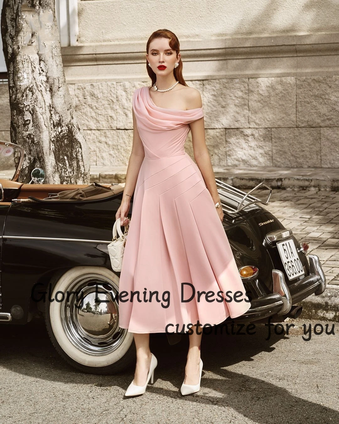 

One-Shoulder Pink Evening Dresses Sleeveless A-Line Ruched Tea-Length Simple Modern Prom Dresses Formal Occasion Party Gown