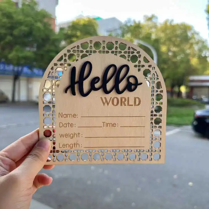 Newborn Hello World Baby Announcements Wooden 3D Milestone Cards Wood Sign Letter Board Baby Shower Gift Nursery Decor