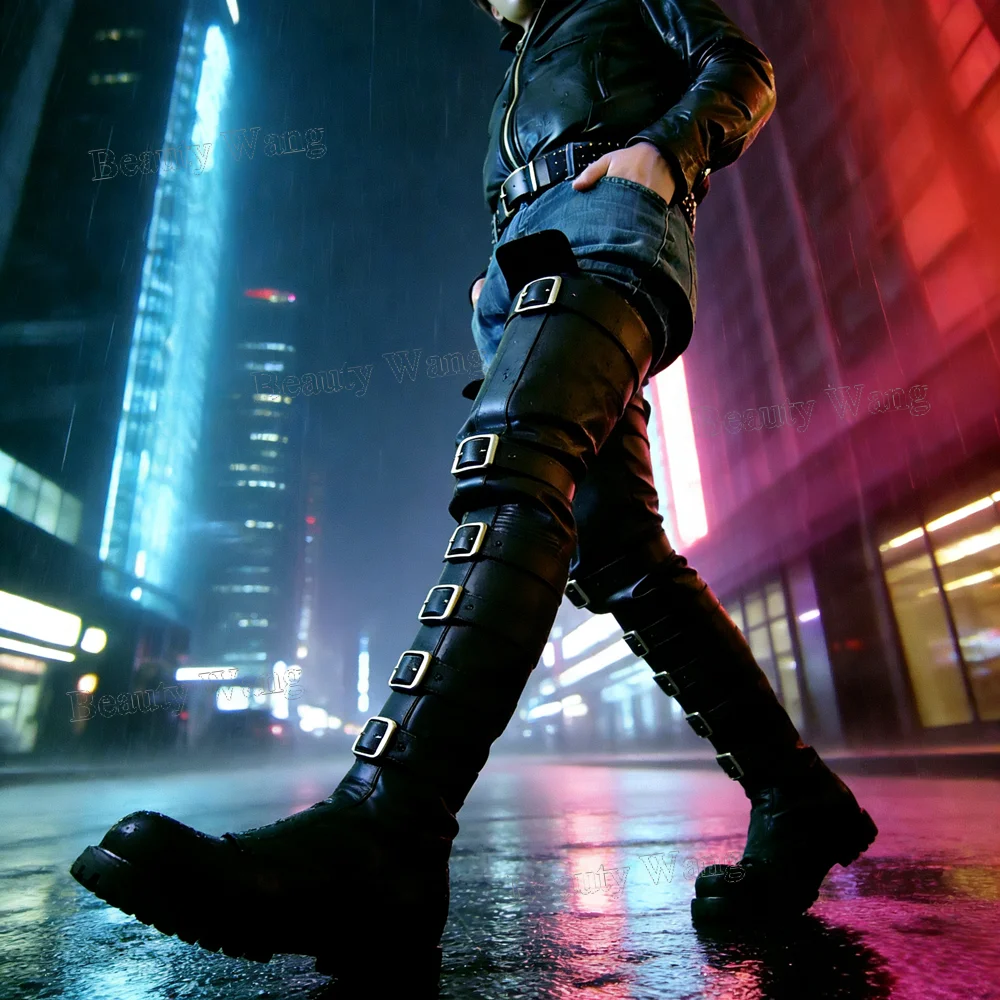 

Мужские высокие ботинки с черной пряжкой на пряжке, матовые кожаные сапоги до бедра, модные и удобные мужские ботинки