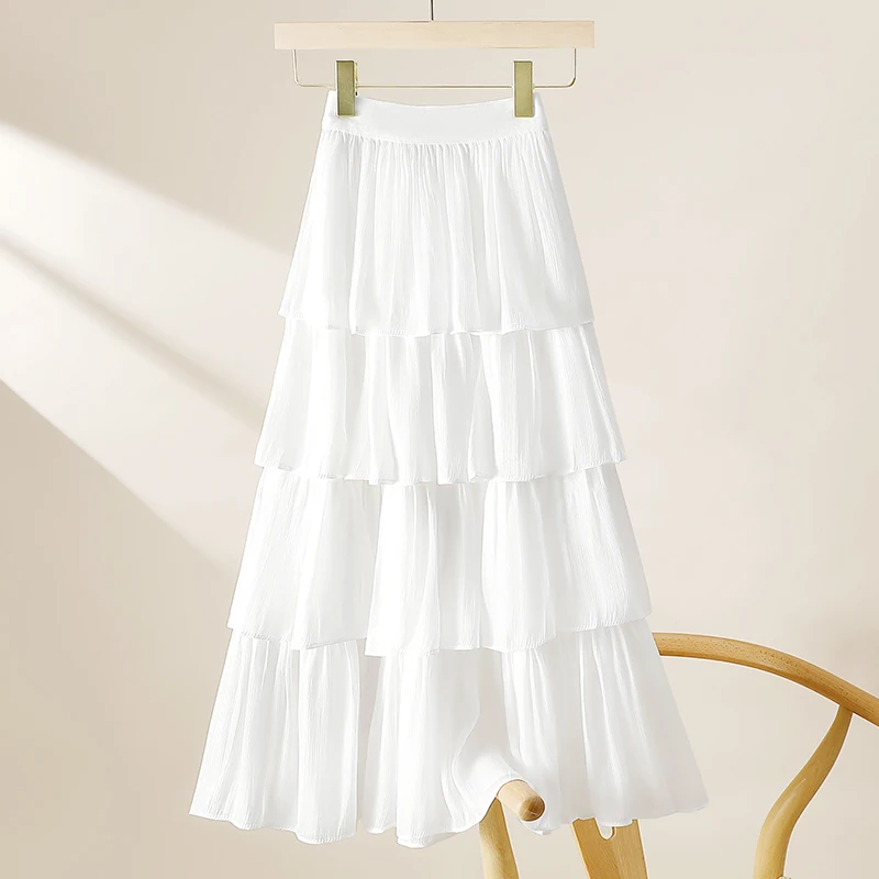Glimmende Tule Taartrok Dames Halflange A-lijn Geplooide Hoge Taille Meerlaagse Parelwitte Rok voor de zomer