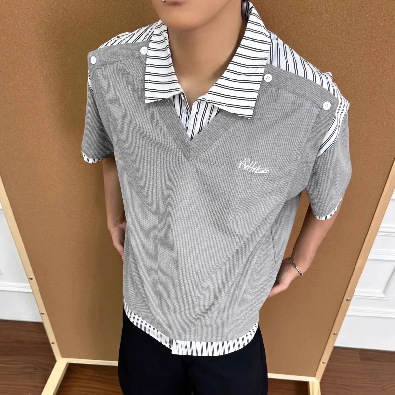 

Summer Vacation Two Piece Patchwork Embroidery Heavyweight Polo Collar American T-shirt Loose Top Shoulder Short Sleeved Trendy