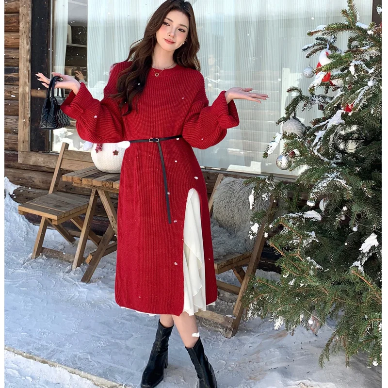 

Новое женское осенне-зимнее красное длинное платье-свитер на бретельках, комплект из двух предметов, женские изящные вязаные топы с разрезом, платья с поясом, костюмы