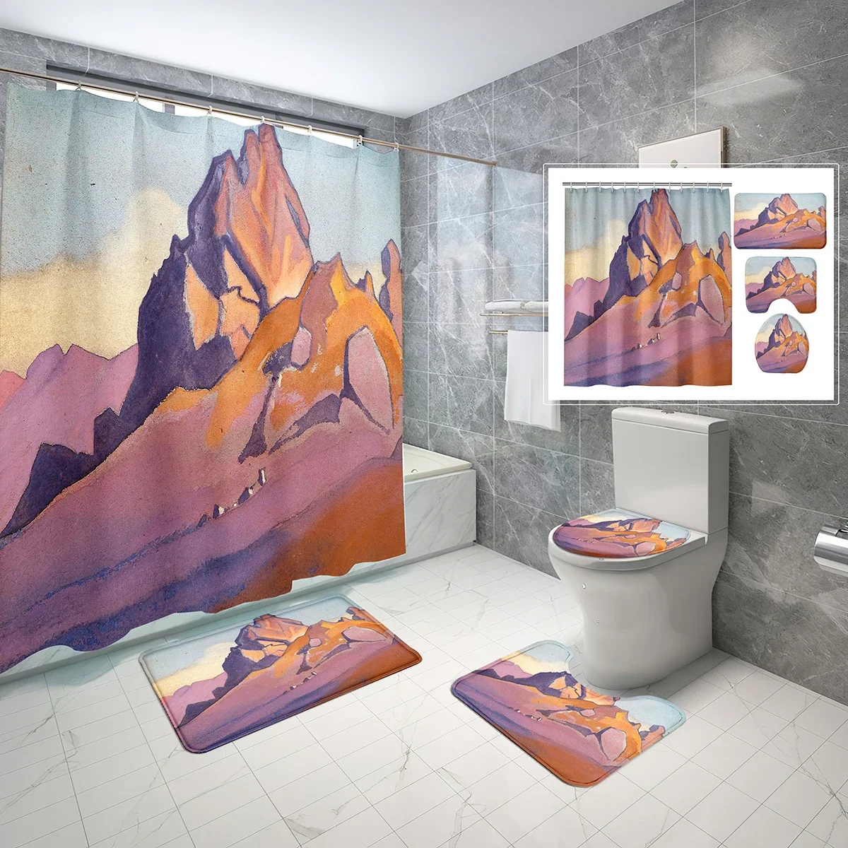 

Lerich Painting Shower Curtain Sets 4 Pcs Classic Mountains Clouds Non-slip Bath Mat Toilet Lid Waterproof Shower Curtain Set