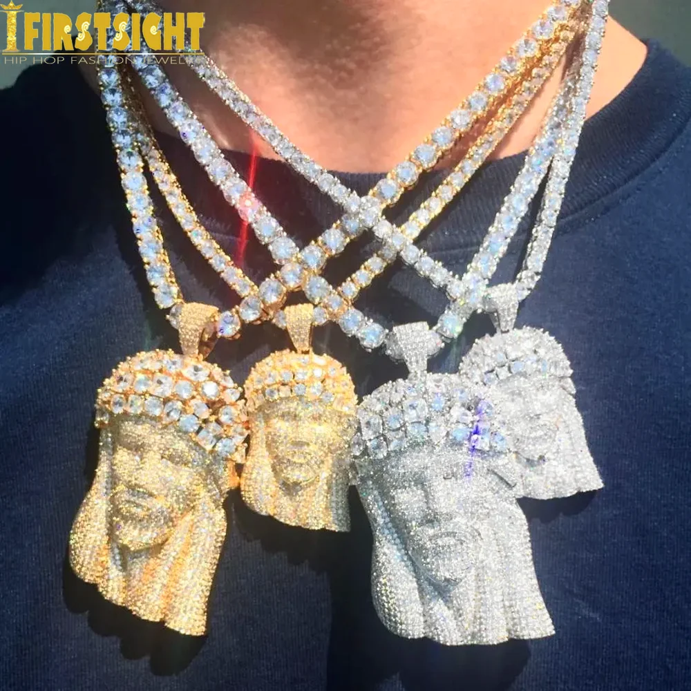 جديد مثلج خارج يسوع رئيس قلادة قلادة الأبيض تنس سلسلة بلينغ تشيكوسلوفاكيا الزركون الإيمان سحر التصميم الديني الرجال الهيب هوب مجوهرات