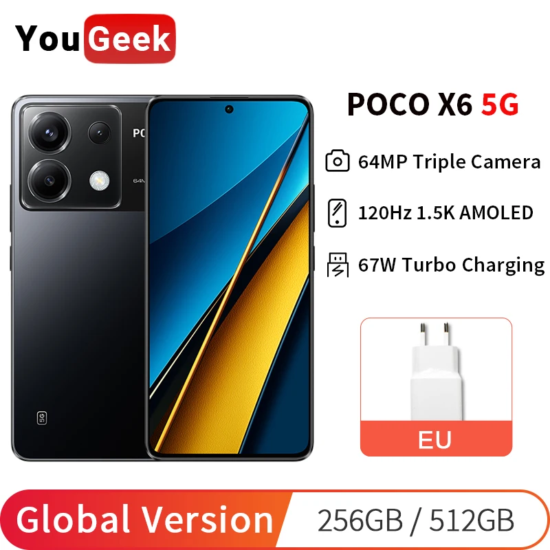 Global Version POCO X6 5G Smartphone 1.5K 120Hz AMOLED 64MP Main Camera 5100mAh 67W Turbo Charging Snapdragon 7s Gen 2 MIUI 14