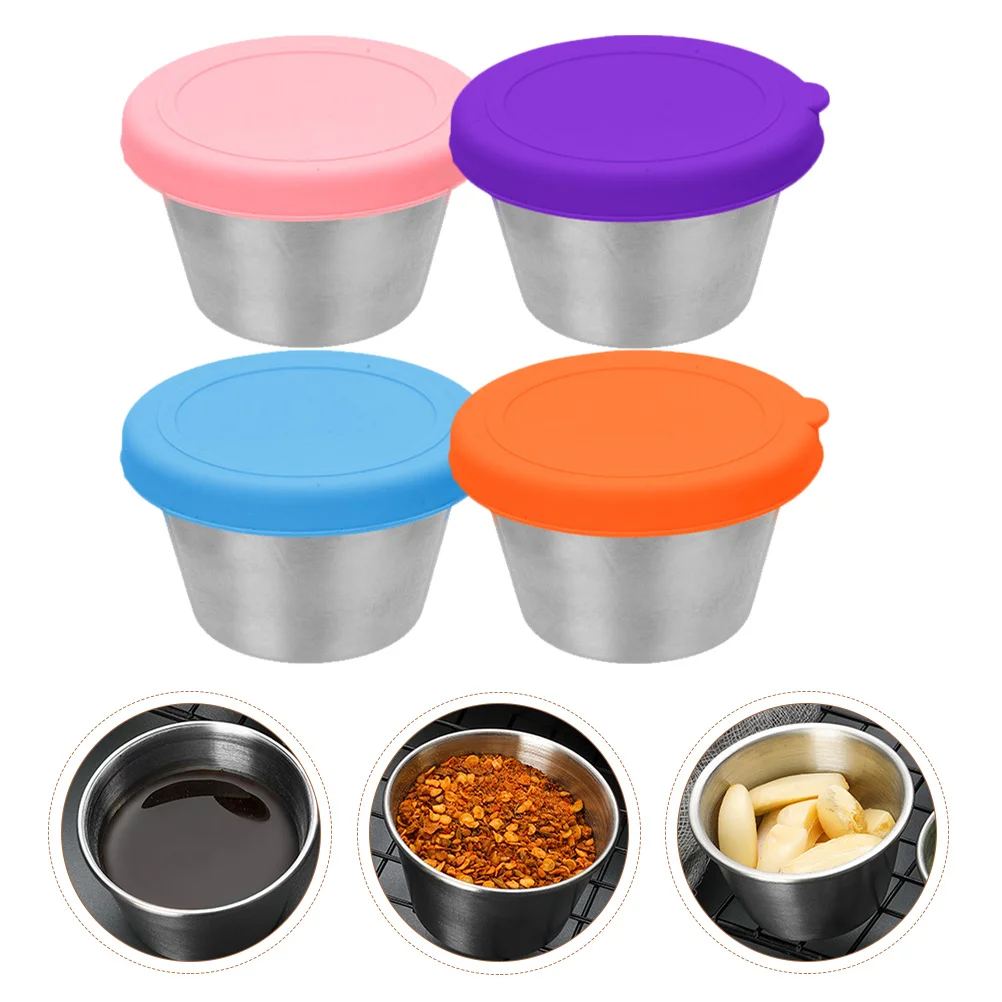 4 Pcs Sauce Cups for Camping Meal Containers Small with Lids Mini Stainless Steel