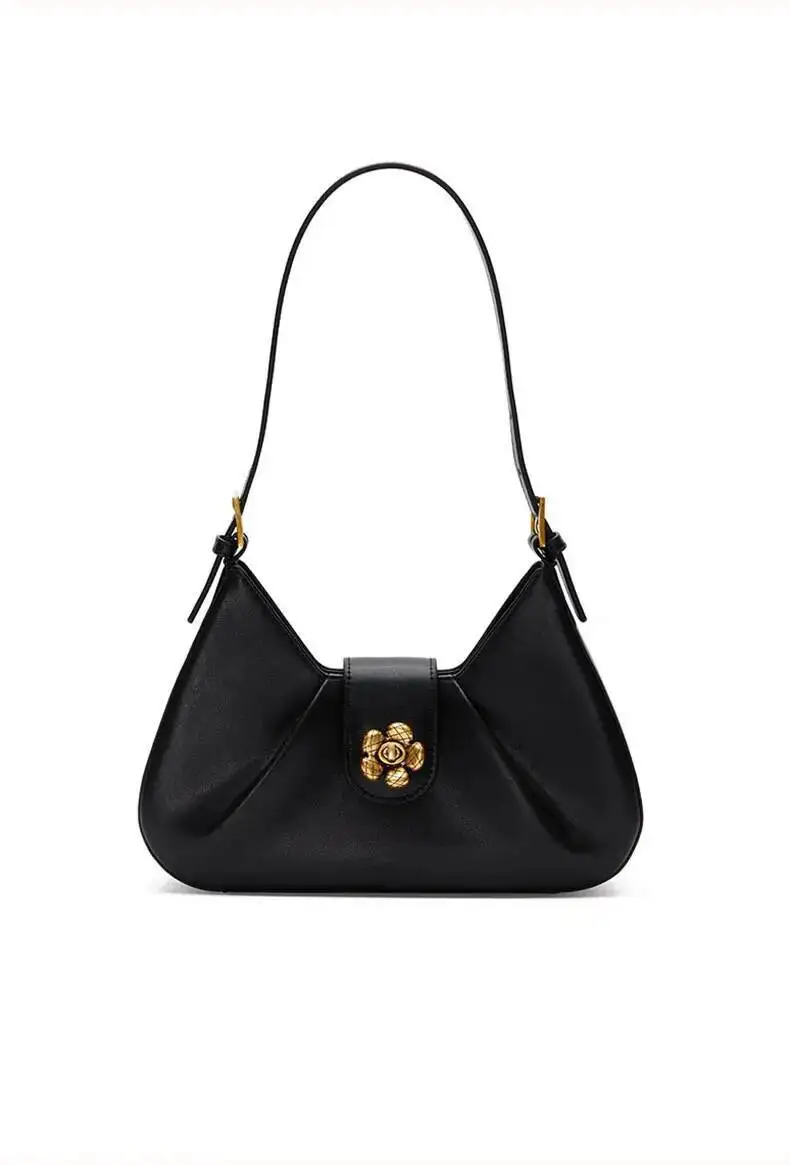 Retro Floral Handbag Women Leather Wrinkled Crescent Underarm Ladies Fashion Minimalist Commute Versatile Baguette Bag 2025