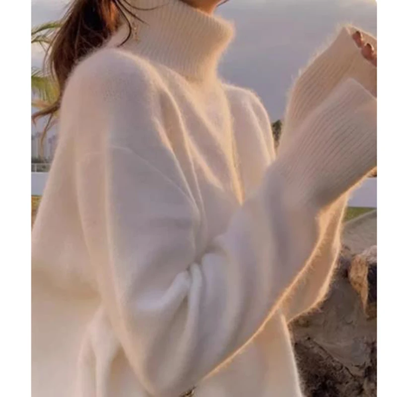 

High-end women's new autumn and winter fashion temperament lazy wind loose thickened white turtleneck cashmere sweater