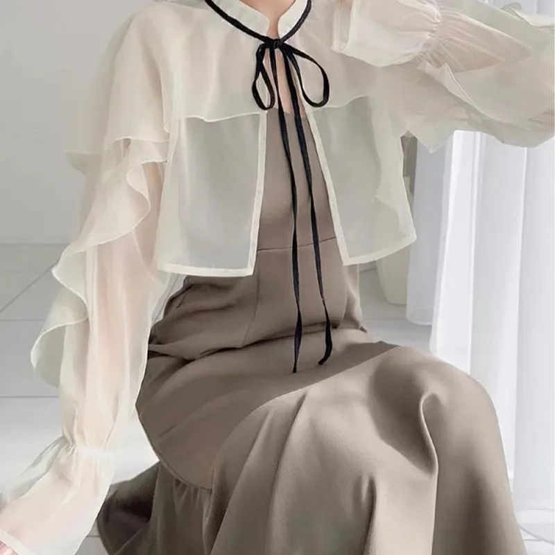 Shawl Design Feels Fresh Simple Elegant Vestidos 2025 Spring Japan Style Sweet Lace-up Bow Ribbon Fishtail Dresses Women