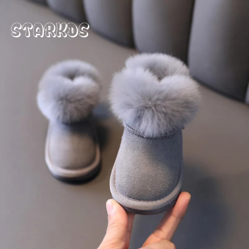 Botas de nieve de piel rosa y gris para bebé, botines cálidos de felpa suaves para invierno, Botas de piel con cremallera lateral de diseño clásico de marca para niño y niña