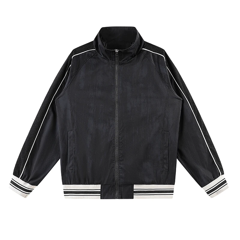 Men Lightweight Printed Baseball Jacket Contrast Black Raglan Sleeve Stand Collar Zip Coat Striped Rib Cuffs Loose Casual 9650